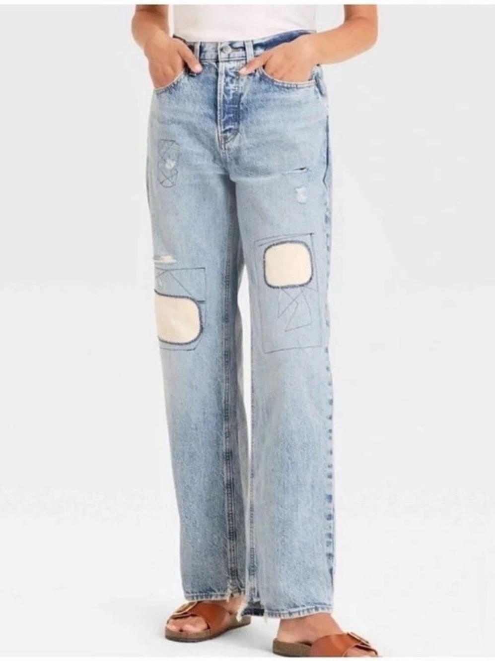 Universal Thread Mid Rise 90s Baggy Jeans Light Blue Boho Patchwork size 10